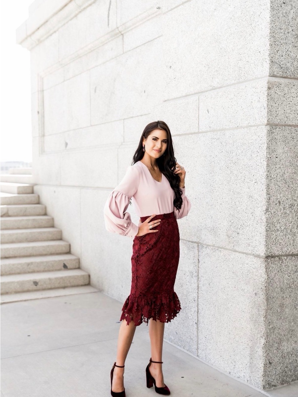 Rachel Parcell Burgundy Lace Pencil Skirt with Scalloped Hem